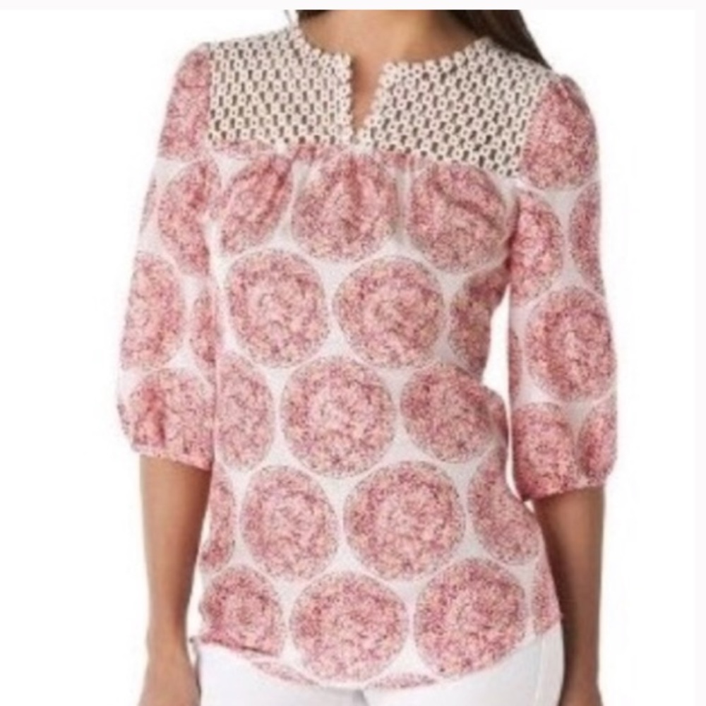 🦋Calypso for Target 100% silk coral pink orange cream floral blouse sz M